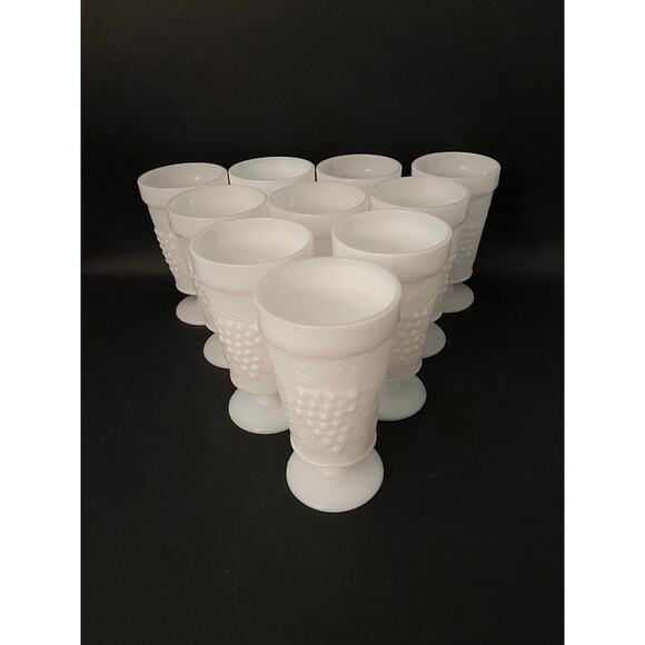 Set of 10 Footed Iced Tea Goblets - White Milk Glass Tumblers Embossed Grapes - Picture 2 of 10